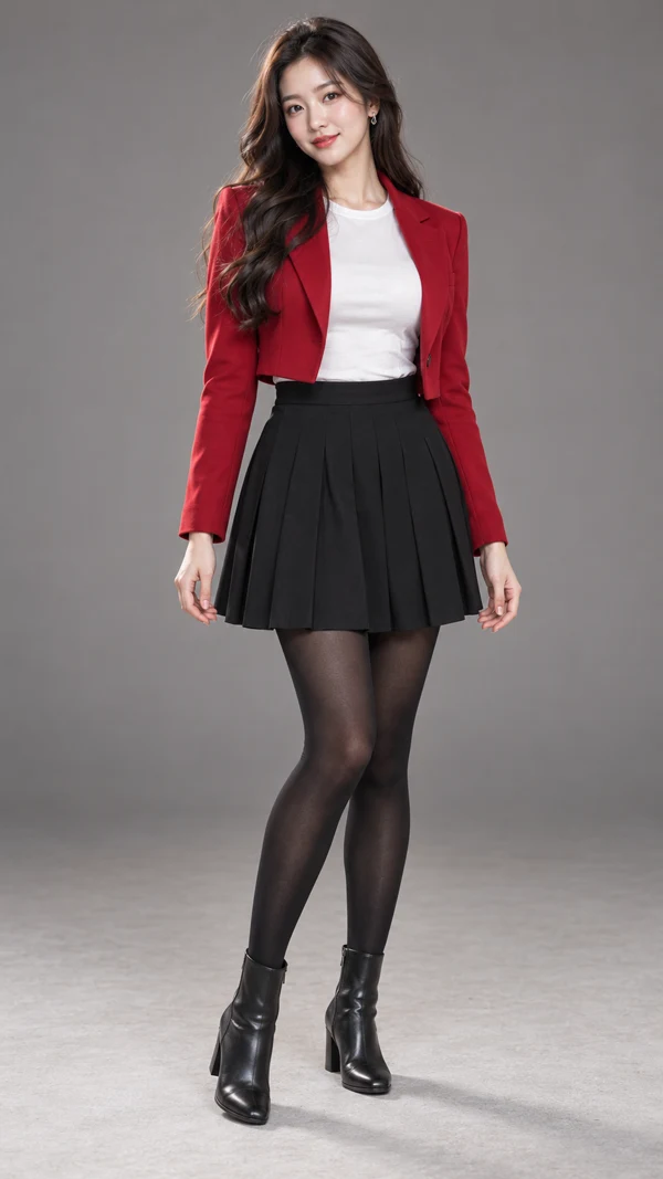 AI-created adult woman wearing a red jacket, white top, black skirt and boots in a full-body studio photo
